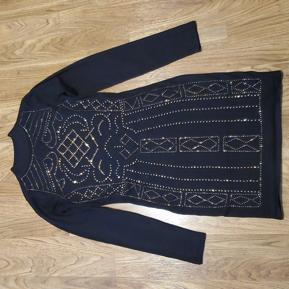 Say What? Bodycon Long Sleeve Sweater Dress Black w/ Gold  Rhinestones Size M
